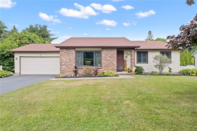 158 Round Pond Ln, Greece, NY 14626 - ranch-style house with driveway, a garage, brick siding, and a front yard