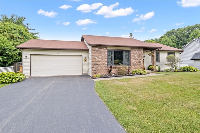 158 Round Pond Ln, Greece, NY 14626 - ranch-style house featuring driveway, a front yard, an attached garage, and brick siding