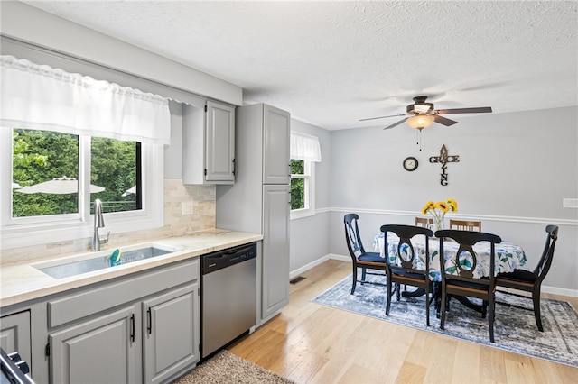 158 Round Pond Ln, Greece, NY 14626 - kitchen featuring stainless steel dishwasher, gray cabinetry, tasteful backsplash, light countertops, and a textured ceiling