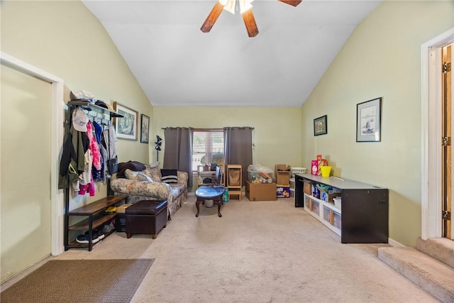 120 Furlong Rd, Brighton, NY 14623 - living area with vaulted ceiling, carpet floors, and a ceiling fan
