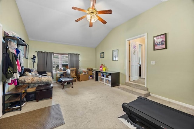 120 Furlong Rd, Brighton, NY 14623 - living room featuring vaulted ceiling, carpet flooring, and ceiling fan