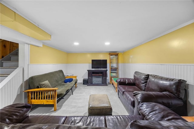 120 Furlong Rd, Brighton, NY 14623 - living area with a wainscoted wall, carpet, and stairway