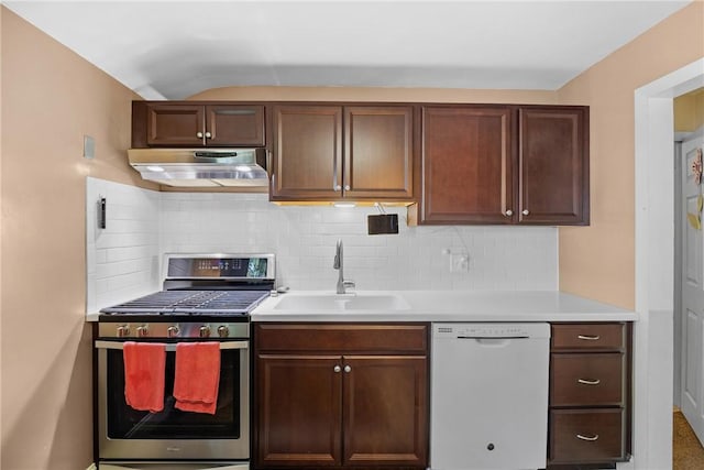 120 Furlong Rd, Brighton, NY 14623 - kitchen featuring dishwasher, under cabinet range hood, stainless steel range with gas cooktop, decorative backsplash, and light countertops