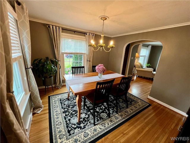 858 Starin Ave, Tonawanda, NY 14223 - dining space featuring arched walkways, plenty of natural light, a chandelier, crown molding, and wood finished floors