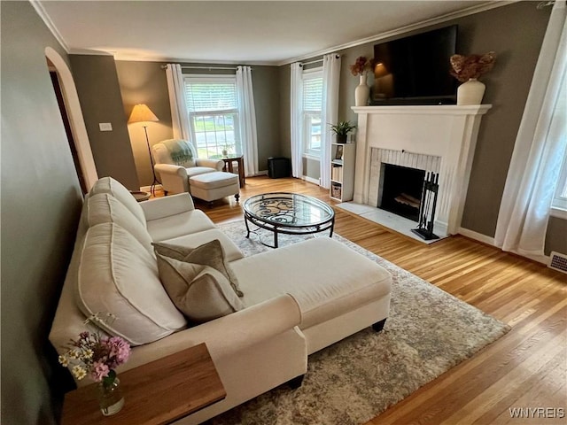 858 Starin Ave, Tonawanda, NY 14223 - living room featuring ornamental molding, wood finished floors, and a fireplace with flush hearth