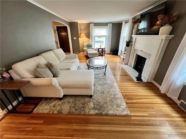 858 Starin Ave, Tonawanda, NY 14223 - living area featuring light wood-style flooring, arched walkways, ornamental molding, and a fireplace