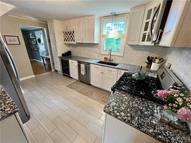 858 Starin Ave, Tonawanda, NY 14223 - kitchen featuring stainless steel appliances, tasteful backsplash, dark stone counters, and glass insert cabinets