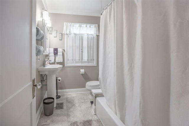 917 W Gray St, Elmira, NY 14905 - bathroom with shower / bathtub combination with curtain and crown molding