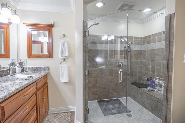 917 W Gray St, Elmira, NY 14905 - bathroom featuring ornamental molding, vanity, and a stall shower