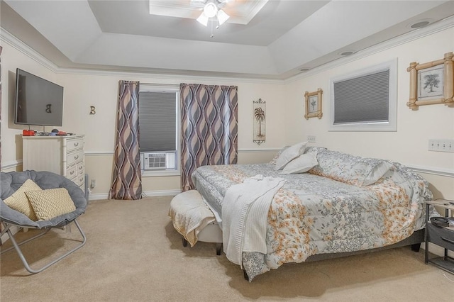 917 W Gray St, Elmira, NY 14905 - bedroom featuring a raised ceiling, carpet flooring, a ceiling fan, cooling unit, and ornamental molding