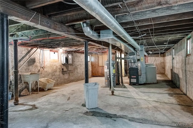 75 Schutrum St, Buffalo, NY 14212 - basement with washer / clothes dryer, electric water heater, heating unit, and electric panel