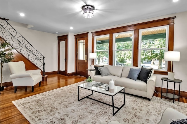 111 Montrose Ave, Buffalo, NY 14214 - living area featuring stairway, wood finished floors, and recessed lighting