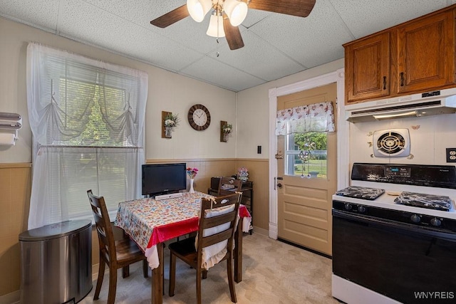 19 Reed St, Lockport City, NY 14094 - kitchen with range with gas cooktop, under cabinet range hood, brown cabinetry, a wainscoted wall, and ceiling fan