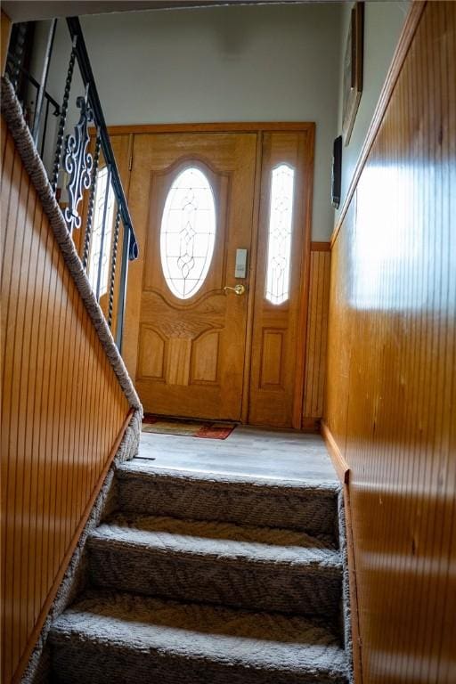 3 Willow Dr, Erwin, NY 14870 - stairs featuring wood finished floors, wood walls, and wainscoting