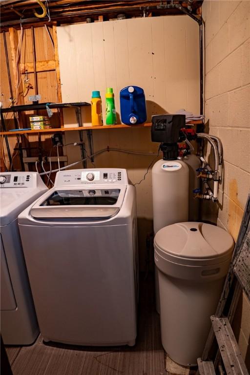 3 Willow Dr, Erwin, NY 14870 - washroom featuring separate washer and dryer and concrete block wall