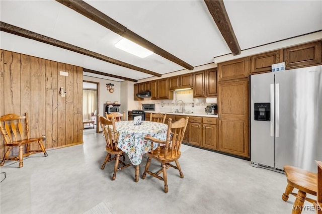 159 Beale Ave, Cheektowaga, NY 14225 - dining space featuring beam ceiling and wooden walls