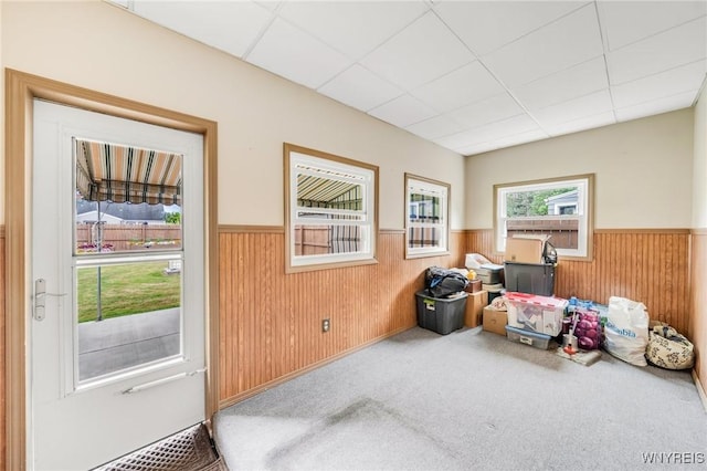 159 Beale Ave, Cheektowaga, NY 14225 - doorway with wainscoting, a paneled ceiling, wood walls, and carpet flooring