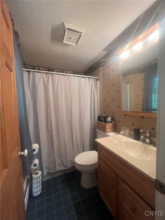 20 Pond Path, Oswego, NY 13126 - bathroom featuring vanity, tile patterned flooring, a shower with curtain, and a baseboard radiator