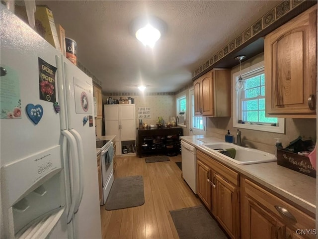 20 Pond Path, Oswego, NY 13126 - kitchen with white appliances, light wood-style flooring, light countertops, decorative light fixtures, and brown cabinetry