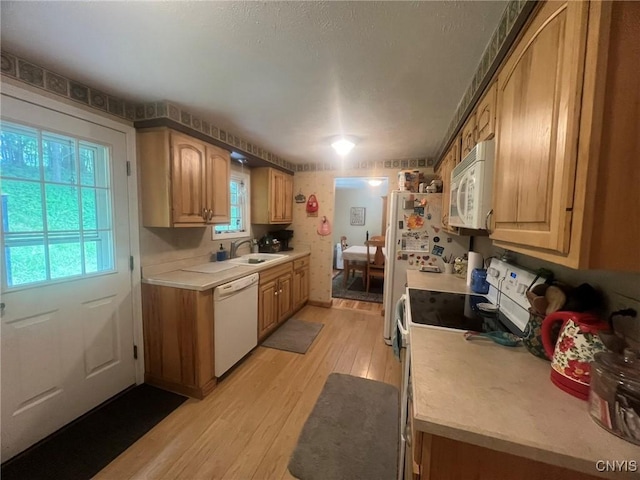 20 Pond Path, Oswego, NY 13126 - kitchen with white appliances, light wood-style flooring, light countertops, and a textured ceiling