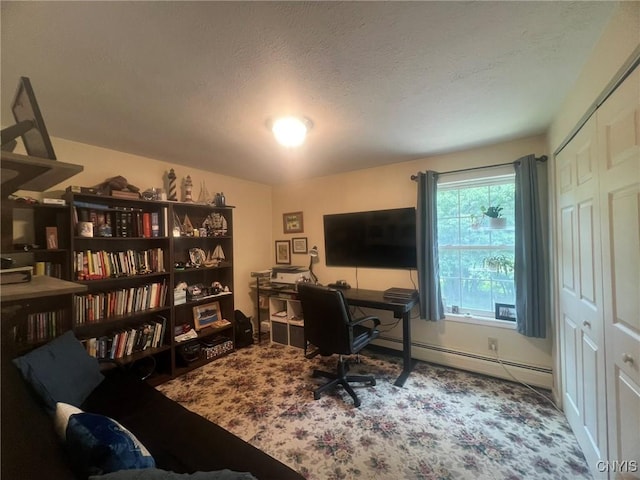 20 Pond Path, Oswego, NY 13126 - office area featuring baseboard heating, a textured ceiling, and carpet floors