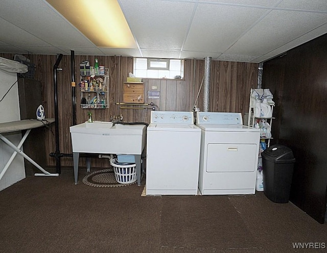 4 Windtree Ln, West Seneca, NY 14224 - laundry room featuring separate washer and dryer, carpet, and wooden walls