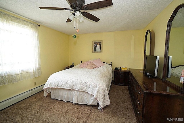 4 Windtree Ln, West Seneca, NY 14224 - bedroom featuring baseboard heating, carpet, a textured ceiling, and a ceiling fan
