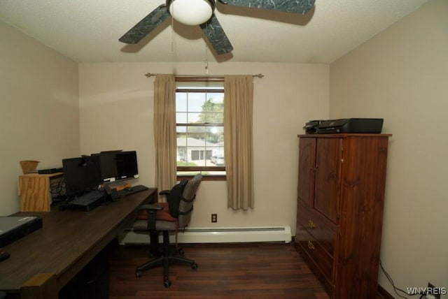 4 Windtree Ln, West Seneca, NY 14224 - office area featuring dark wood-style floors, a baseboard heating unit, and ceiling fan