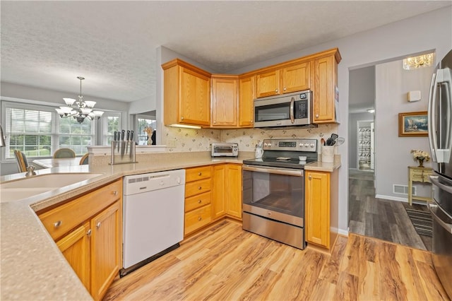 65 Sotheby Dr, Greece, NY 14626 - kitchen with appliances with stainless steel finishes, a chandelier, light wood finished floors, light countertops, and backsplash