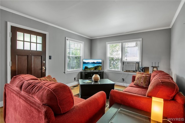 1871 Eggert Rd, Amherst, NY 14226 - living area featuring wood finished floors, crown molding, and cooling unit