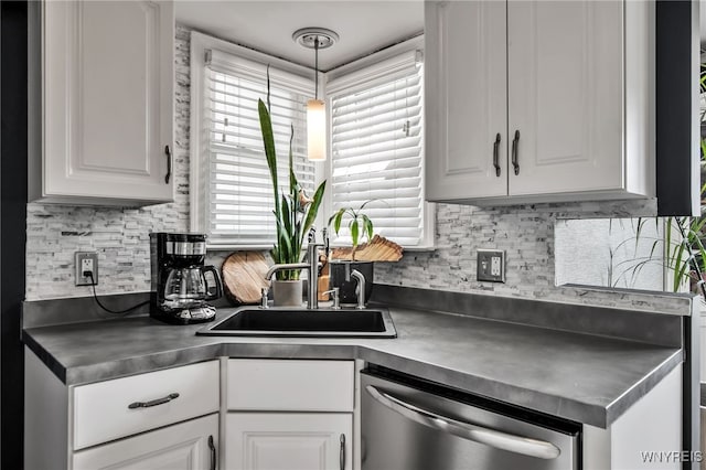 1871 Eggert Rd, Amherst, NY 14226 - kitchen featuring dishwasher, stainless steel counters, white cabinets, decorative backsplash, and decorative light fixtures