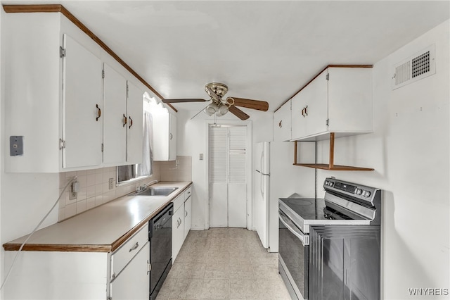 302 Midland Ave, Tonawanda, NY 14223 - kitchen with black dishwasher, stainless steel electric range oven, ceiling fan, white cabinets, and decorative backsplash