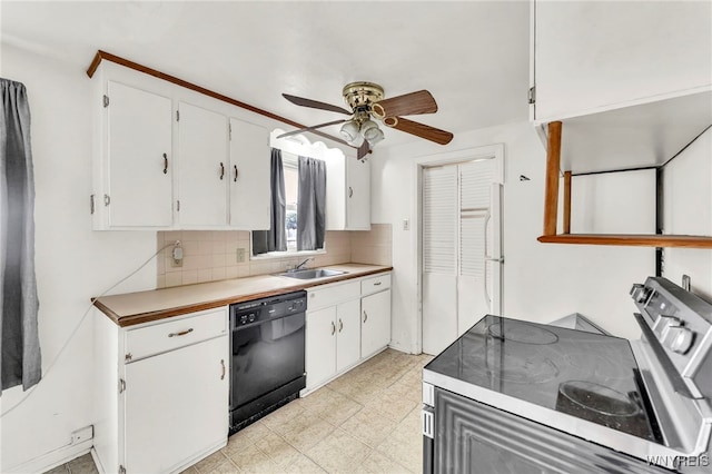 302 Midland Ave, Tonawanda, NY 14223 - kitchen featuring dishwasher, ceiling fan, tasteful backsplash, and white cabinets