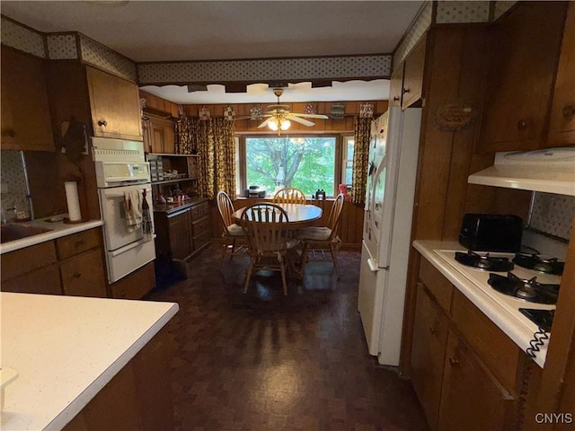 209 Lackawack Hill Rd, Wawarsing, NY 12458 - kitchen with white appliances, ventilation hood, a warming drawer, a ceiling fan, and light countertops