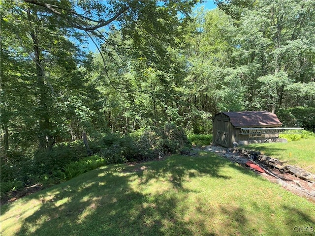 209 Lackawack Hill Rd, Wawarsing, NY 12458 - view of grassy yard with a storage shed and a view of trees