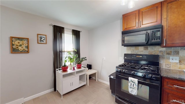 78 Heather Rd, Cheektowaga, NY 14225 - kitchen featuring black appliances, decorative backsplash, brown cabinets, and dark stone counters