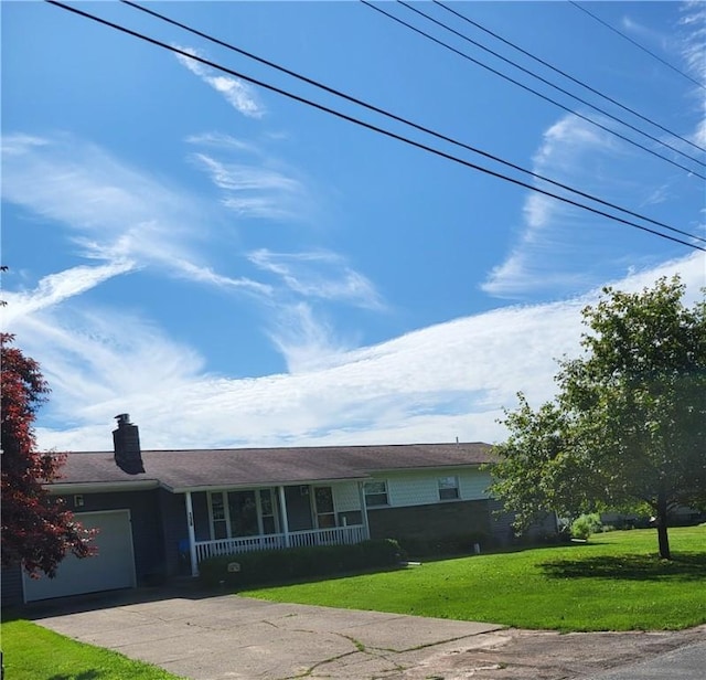 138 Dingman Hill Rd, Bainbridge, NY 13733 - ranch-style home featuring covered porch, an attached garage, a front yard, driveway, and a chimney