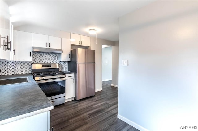 370 W W Girard Blvd, Tonawanda, NY 14217 - kitchen with stainless steel appliances, under cabinet range hood, tasteful backsplash, white cabinetry, and dark wood-type flooring