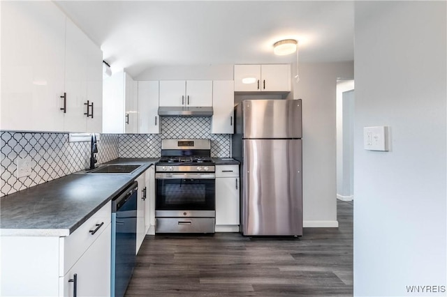 370 W W Girard Blvd, Tonawanda, NY 14217 - kitchen with appliances with stainless steel finishes, under cabinet range hood, dark countertops, dark wood-style flooring, and white cabinets