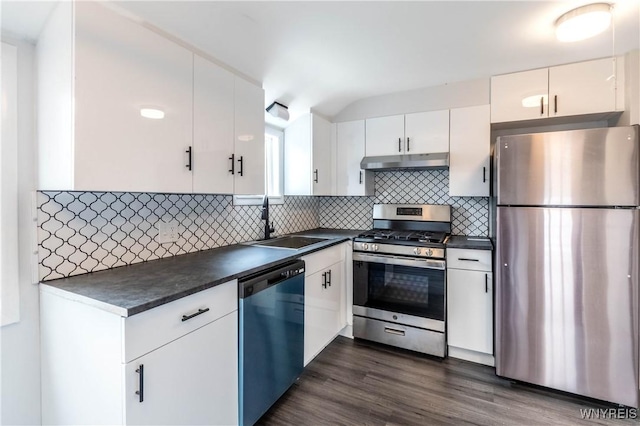 370 W W Girard Blvd, Tonawanda, NY 14217 - kitchen featuring stainless steel appliances, dark countertops, under cabinet range hood, tasteful backsplash, and white cabinets