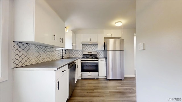 370 W W Girard Blvd, Tonawanda, NY 14217 - kitchen featuring appliances with stainless steel finishes, tasteful backsplash, white cabinetry, wood finished floors, and under cabinet range hood