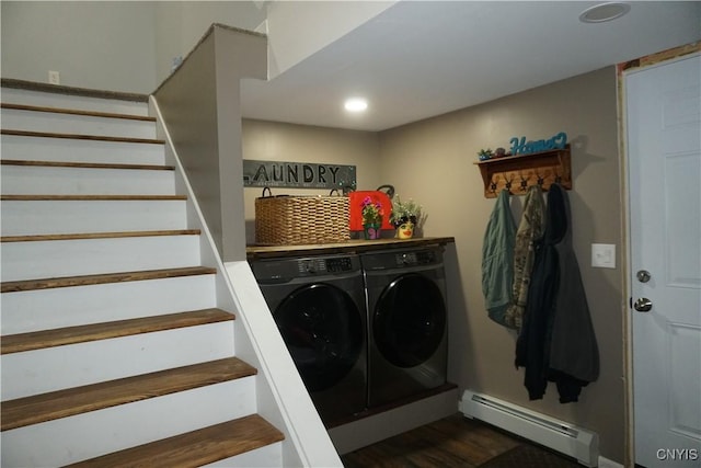 7545 River Rd, Lysander, NY 13027 - washroom with a baseboard radiator, independent washer and dryer, recessed lighting, and dark wood-type flooring