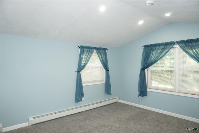7545 River Rd, Lysander, NY 13027 - carpeted spare room with baseboard heating, lofted ceiling, recessed lighting, and a smoke detector