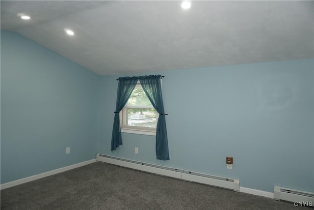 7545 River Rd, Lysander, NY 13027 - spare room featuring baseboard heating, recessed lighting, lofted ceiling, and dark carpet