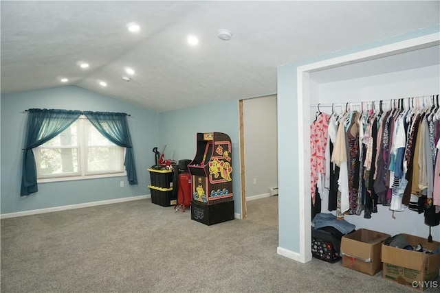 7545 River Rd, Lysander, NY 13027 - bedroom featuring vaulted ceiling, carpet flooring, baseboard heating, and recessed lighting