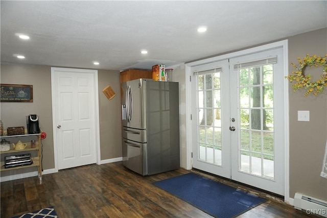 7545 River Rd, Lysander, NY 13027 - entryway featuring french doors, baseboard heating, dark wood-style floors, and recessed lighting