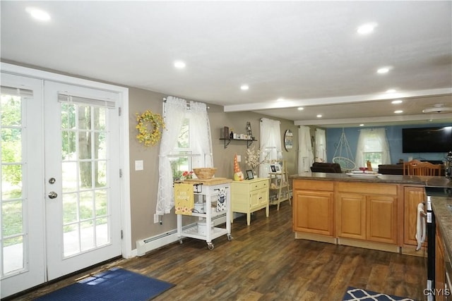 7545 River Rd, Lysander, NY 13027 - kitchen featuring dark wood finished floors, recessed lighting, french doors, and dark countertops