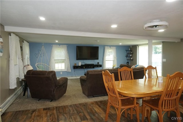 7545 River Rd, Lysander, NY 13027 - dining space featuring a baseboard heating unit, wood finished floors, recessed lighting, and healthy amount of natural light
