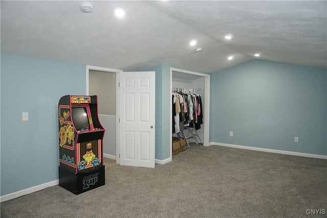 7545 River Rd, Lysander, NY 13027 - rec room featuring vaulted ceiling, carpet floors, and recessed lighting