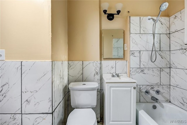 146 Longnecker St, Buffalo, NY 14206 - full bathroom with vanity, shower / washtub combination, tile walls, and a wainscoted wall